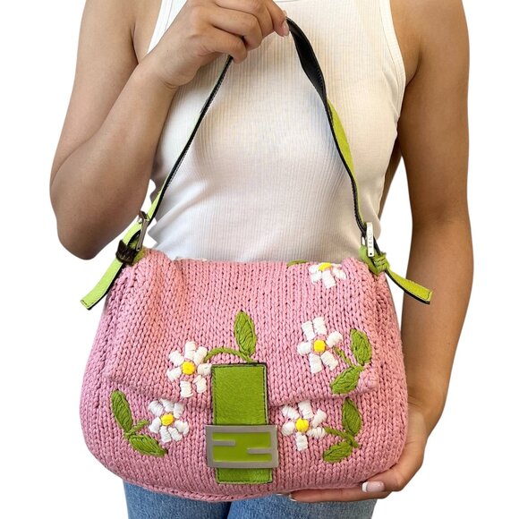 Fendi Handbags - FENDI Vintage FF Logo Knit Mamma Baguette Shoulder Bag Flower Pink [105987]